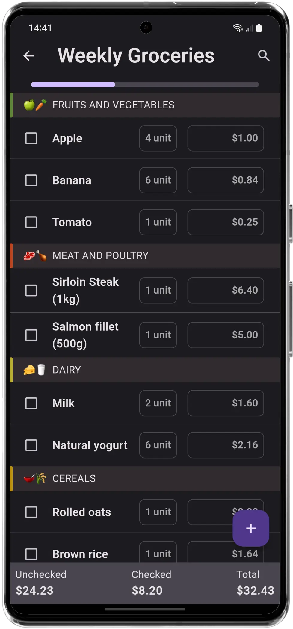 Screenshot of the Grocerwise app showing a shopping list.